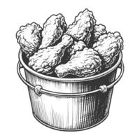 A bucket full of fried chicken in a black and white drawing vector