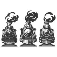 Three black and white steam engines with smoke coming out of them vector