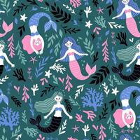 Seamless pattern with mermaids and seaweed. graphics. vector
