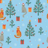 Seamless pattern with Christmas trees and cats in Santa hats. image. vector