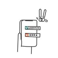 a hand holding a phone with a sign that says user name and wrong password vector