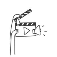 a hand holding a movie clapper and pointing to it vector