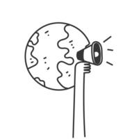 a hand holding a megaphone and pointing to the earth vector