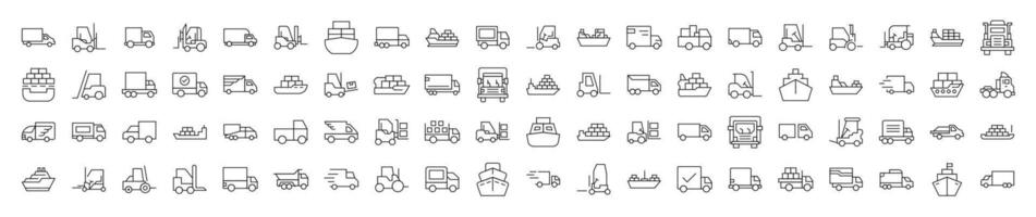Ship, Van, Tractor Line Icon Set. Editable Stroke. Minimalistic Linear Pictogram for Design of Cards, Apps, Banners, Posts vector