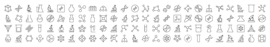 Chemistry Line Icon Set. Modern Collection for Design, Web Sites, Apps, Cards. Contains Linear Images of Chemical Compound, Laboratory Bulbs, Atom vector
