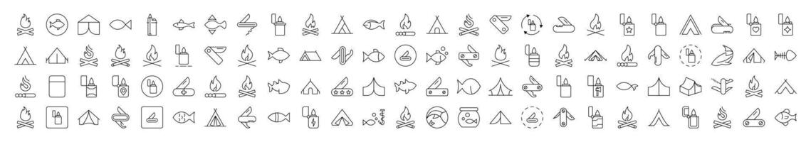 Camping Isolated Pictures. Contains such Elements as Bonfire, Fish, Folding Knife, Tent, Lighter. It Can Be Used for Interface, Posts, Advertisements, Various Cards vector