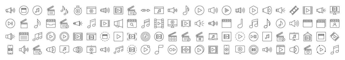 Media Player Line Icon Collection. Modern Collection for Design, Web Sites, Apps, Cards. Contains Linear Images of Clapperboard, Musical Note, Loud Speaker vector