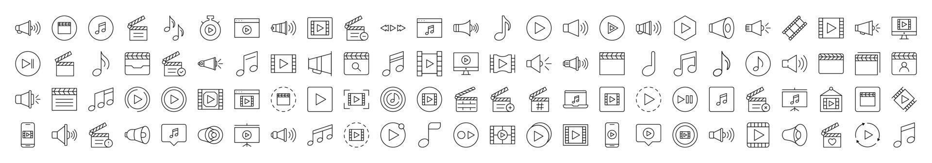 Media Player Line Icon Collection. Modern Collection for Design, Web Sites, Apps, Cards. Contains Linear Images of Clapperboard, Musical Note, Loud Speaker