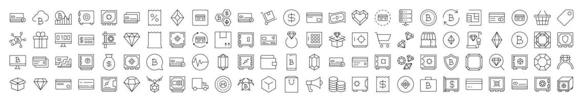 Banking and Money Line Icon Pack. Modern Collection for Design, Web Sites, Apps, Cards. Contains Linear Images of Shopping Cart, Bank, Diamond vector