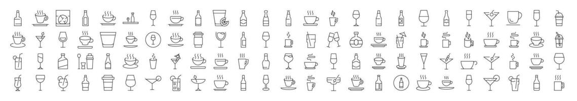 Pack of Line Icons of Coffee, Soft Drinks, Alcoholic Beverages. Editable Stroke. Minimalistic Linear Pictogram for Design of Cards, Apps, Banners, Posts vector