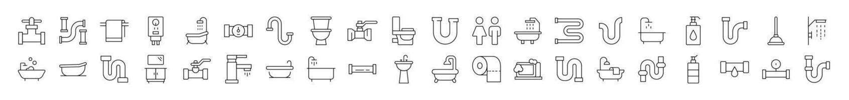 Plumbing, Faucet, Bathroom Set of Thin Icons. Editable Stroke. Suitable for Web Sites, Books, Cards, Apps vector