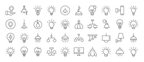 Light Bulbs, Lamps, Chandeliers Bundle of Thin Icons. Editable Stroke. Suitable for Web Sites, Books, Cards, Apps vector