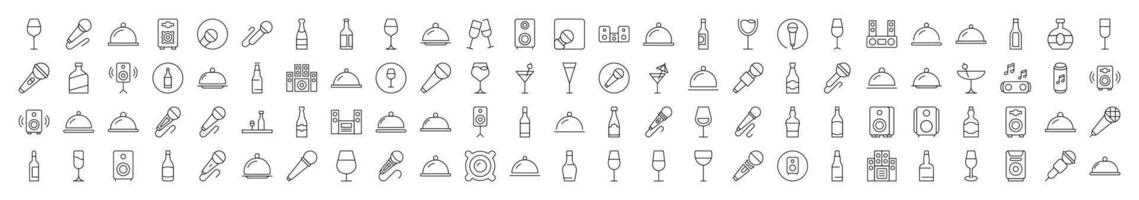 Cocktail, Bowl with Cloche, Bottle, Loud Speaker Simple Illustrations Drawn with Thin Line. Collection of Various Design Elements that Can Be Used for Apps, Articles, Web Sites, Social Media vector