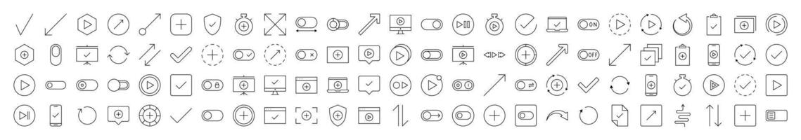 Interface Icon Pack. Contains Icons of Arrows, Plus, Check, Play that Can Be Used for Design of Cards, Posts, Apps, Web Sites vector