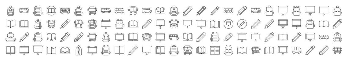 Pen, Presentation Board, Bus, School Bag, Book Outline Web Line Icons Collection. Editable Stroke. Minimalistic Linear Pictogram for Design of Cards, Apps, Banners, Posts vector