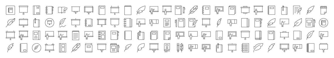 University Related Outline Icon Set. Contains Icons of Professor, Teacher, Presentation Board, Notebook for Banners, Infographics, Books, Articles and Other Types of Design vector