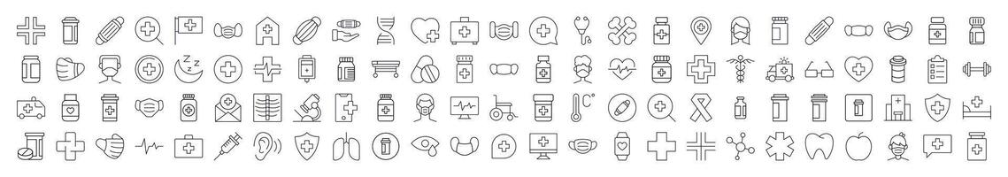 Medicine and Healthcare Thin Line Icon Set. Editable Stroke. Suitable for Banners, Cards, Social Networks, Apps vector