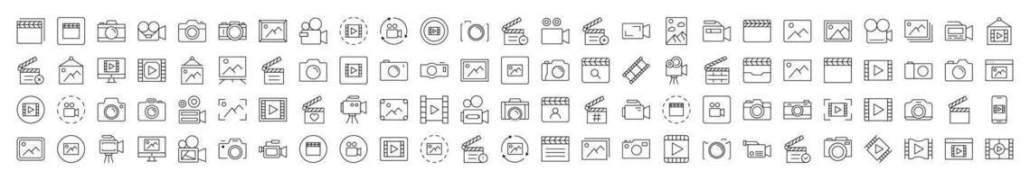 Simple Linear Icon of Clapperboard, Photo Camera, Movie, Picture. Editable Stroke. Minimalistic Linear Pictogram for Design of Cards, Apps, Banners, Posts vector