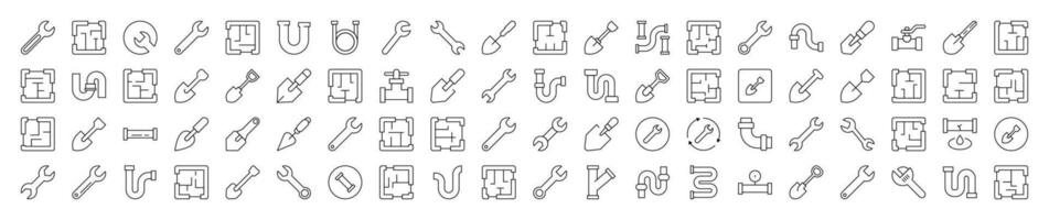 Set of Repair and Renovation Related Line Icons. Editable Stroke for Design, Web Sites, Apps, Cards. Contains Linear Images of Floor Plan, Shovel, Spanner, Pipe vector