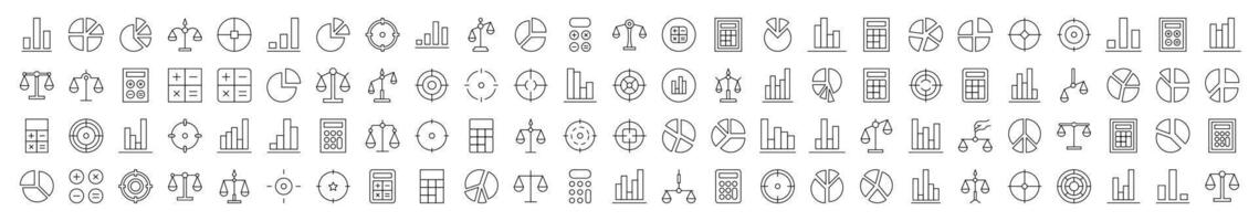 Scales, Target, Calculator, Diagram, Business Line Icon Pack. Editable Stroke. Minimalistic Linear Pictogram for Design of Cards, Apps, Banners, Posts vector