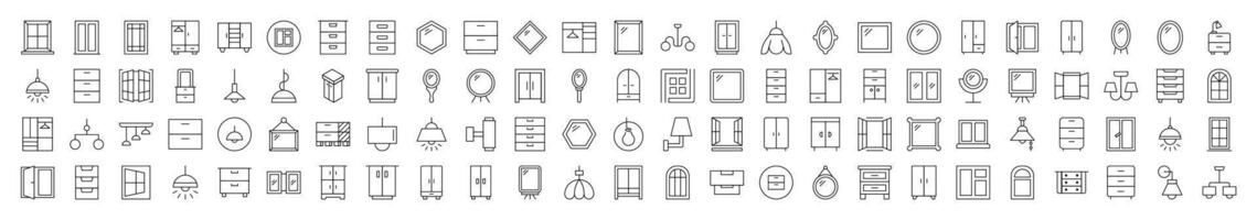 Window, Lamp, Mirror, Dresser, Chandelier Icon Set for UI, Placards, Books, Apps. Editable Stroke. Suitable for Web Sites, Books, Cards, Apps vector