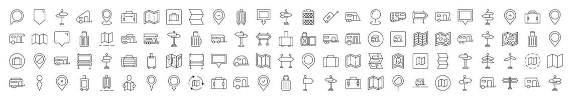Motorhome, Map Pin, Baggage, Direction Pointer Related Icon Set. Editable Stroke. Suitable for Web Sites, Books, Cards, Apps vector