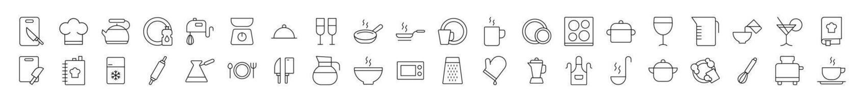Kitchen and Cooking Outline Simple Icons Bundle. Contains Icons of Cutting Board, Frying Pan, Cutlery, Cookbook that Can Be Used for Design of Cards, Posts, Apps, Web Sites vector