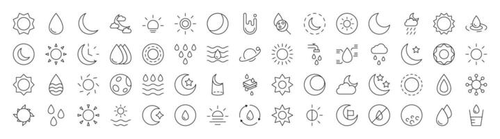 Weather Line Icon Pack. Modern Collection for Design, Web Sites, Apps, Cards. Contains Linear Images of Sun, The Moon, Shower vector