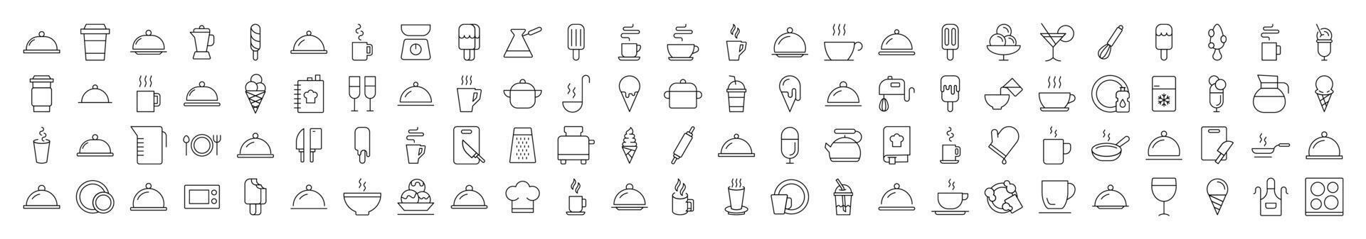 Food, Cooking and Kitchen Line Icon Set. Modern Collection for Design, Web Sites, Apps, Cards. Contains Linear Images of Coffee, Tea, Ice Cream