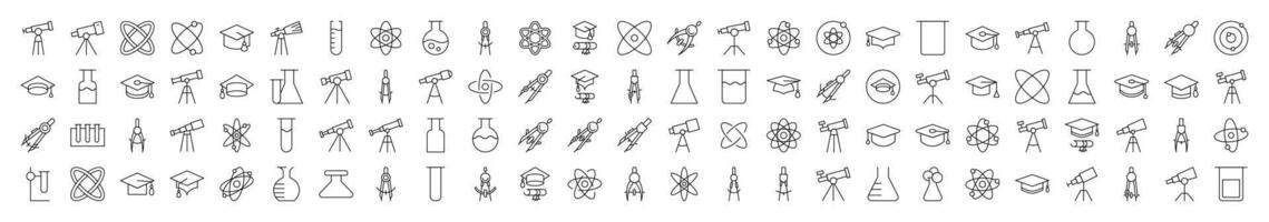 Science Line Icon Set. Modern Collection for Design, Web Sites, Apps, Cards. Contains Linear Images of Laboratory Bulb, Compass, Atom, Telescope vector