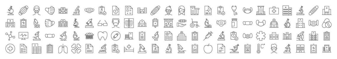 Health Care and Treatment Line Icon Set. Editable Stroke. Minimalistic Linear Pictogram for Design of Cards, Apps, Banners, Posts vector