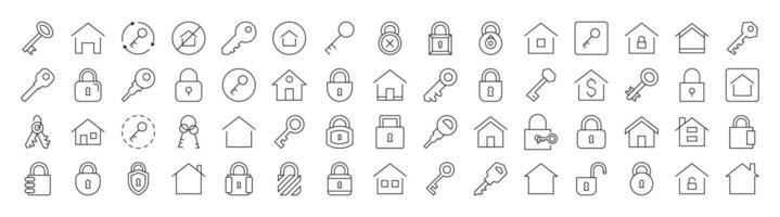 Real Estate Line Icon Pack. Modern Collection for Design, Web Sites, Apps, Cards. Contains Linear Images of House and Key vector