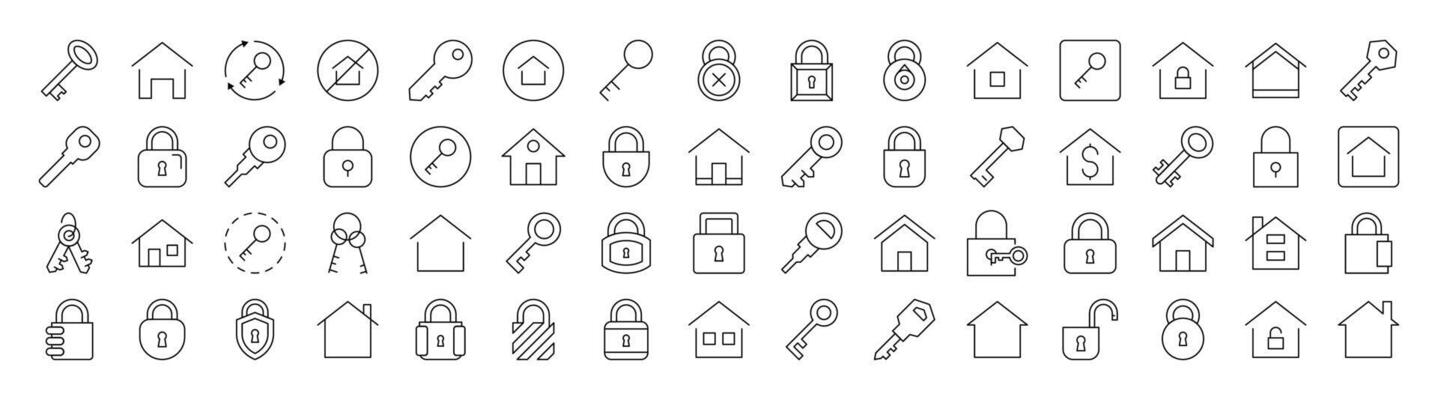 Real Estate Line Icon Pack. Modern Collection for Design, Web Sites, Apps, Cards. Contains Linear Images of House and Key