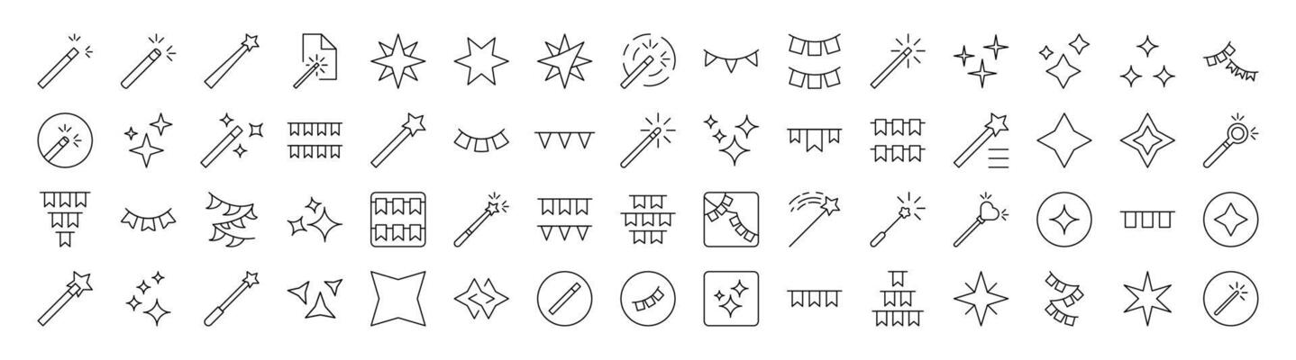 Holiday Line Icon Set. Modern Collection for Design, Web Sites, Apps, Cards. Contains Linear Images of Magic Wand, Garlands, Sparkles
