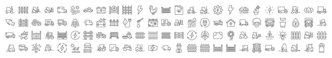Agriculture Line Icon Set. Contains Icons of Tractor, Fence, Farm, Energy that Can Be Used for Design of Cards, Posts, Apps, Web Sites vector