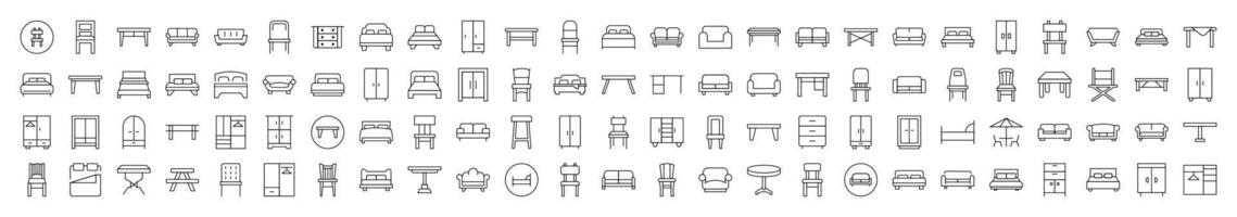 Collection of Outline Symbols of Wardrobe, Bed, Sofa, Table, Chair Drawn with Thin Line for apps, web sites, banners, infographics and other types of design vector