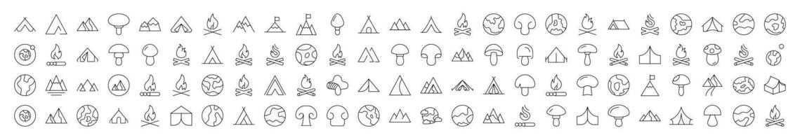 Mushroom, Mountain, Planet, Bonfire Related Linear Illustrations Drawn with Thin Line for Interface, Booklets, Cards, Posts, Infographics vector