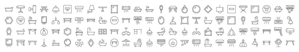 Interior Icon Collection. Contains Icons of Conditioner, Mirror, Table, Lamp, Chandelier, Bathroom that Can Be Used for Design of Cards, Posts, Apps, Web Sites vector