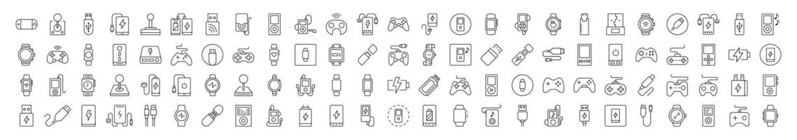 Joystick, Gamepad, Charger, Watch, Flash Card, USB Simple Isolated Line Icons Collection. Editable Stroke. Suitable for Web Sites, Books, Cards, Apps vector