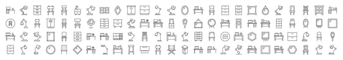 Furniture for Interior Related Icon Set. Contains Icons of Workplace, Mirror, Chair, Table Lamp for Banners, Infographics, Books, Articles and Other Types of Design vector