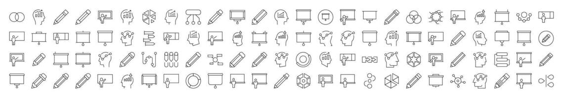 Presentation, Brainstorm, Pencil, Diagram Line Icon Bundle. Editable Stroke. Minimalistic Linear Pictogram for Design of Cards, Apps, Banners, Posts vector
