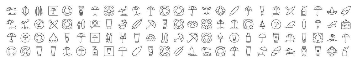 Collection of Images of Umbrella, Sunscreen, Surfboard, Lifeline Drawn with Thin Line for apps, web sites, banners, infographics and other types of design vector