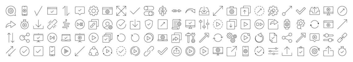 Arrows, Share, Check, Turn, Download, Settings Collection of Thin Icons. Editable Stroke. Suitable for Web Sites, Books, Cards, Apps vector