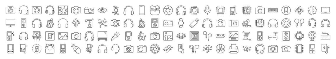 Chip, Headphones, Camera, Memory Card Thin Line Icon Set. Editable Stroke. Suitable for Banners, Cards, Social Networks, Apps vector