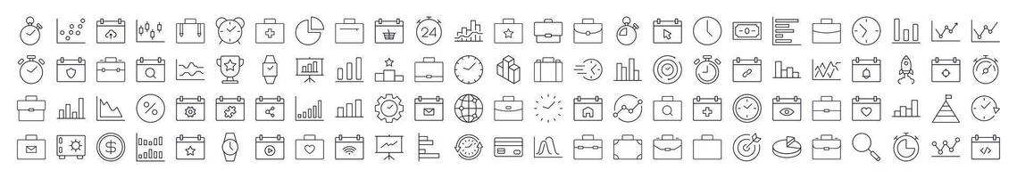 Pack of Business Related Line Icons. Editable Stroke for Design, Web Sites, Apps, Cards. Contains Linear Images of Briefcase, Clock, Startup, Analyzing, Management vector