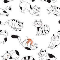 Seamless Pattern with funny cute cats in different poses. Illustration on white background with pets animals in line art. Great for fabric, textile, print vector