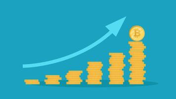 Stacks of gold coins like income graph with bitcoin illustration. vector