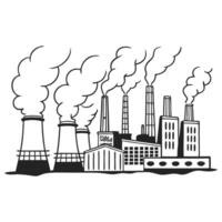 A black and white drawing of a factory with smoke coming out vector