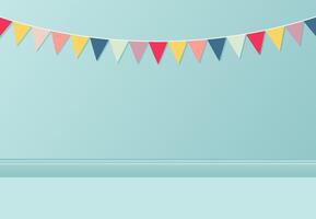 Abstract colorful fabric party flag hanging on blue wall background. Congratulatory background with place for text. vector