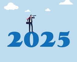 Businessman on year number 2025 look through telescope, planning or strategy to success, improvement or progress concept, and vision or forecast. New year 2025 business outlook vector